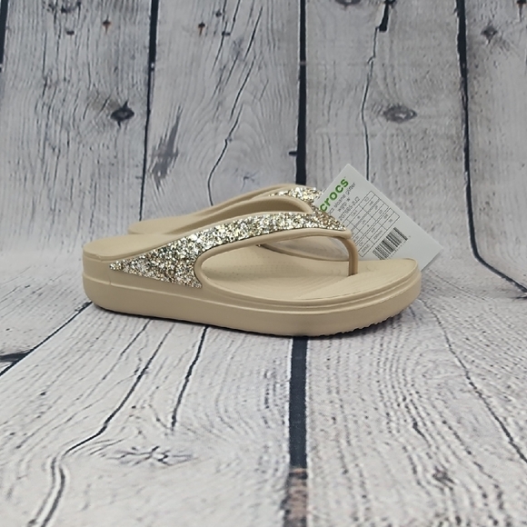 Crocs Sloane Glitter Women's Beige Thong Flip Flop Sandals Size 6 - Picture 1 of 9